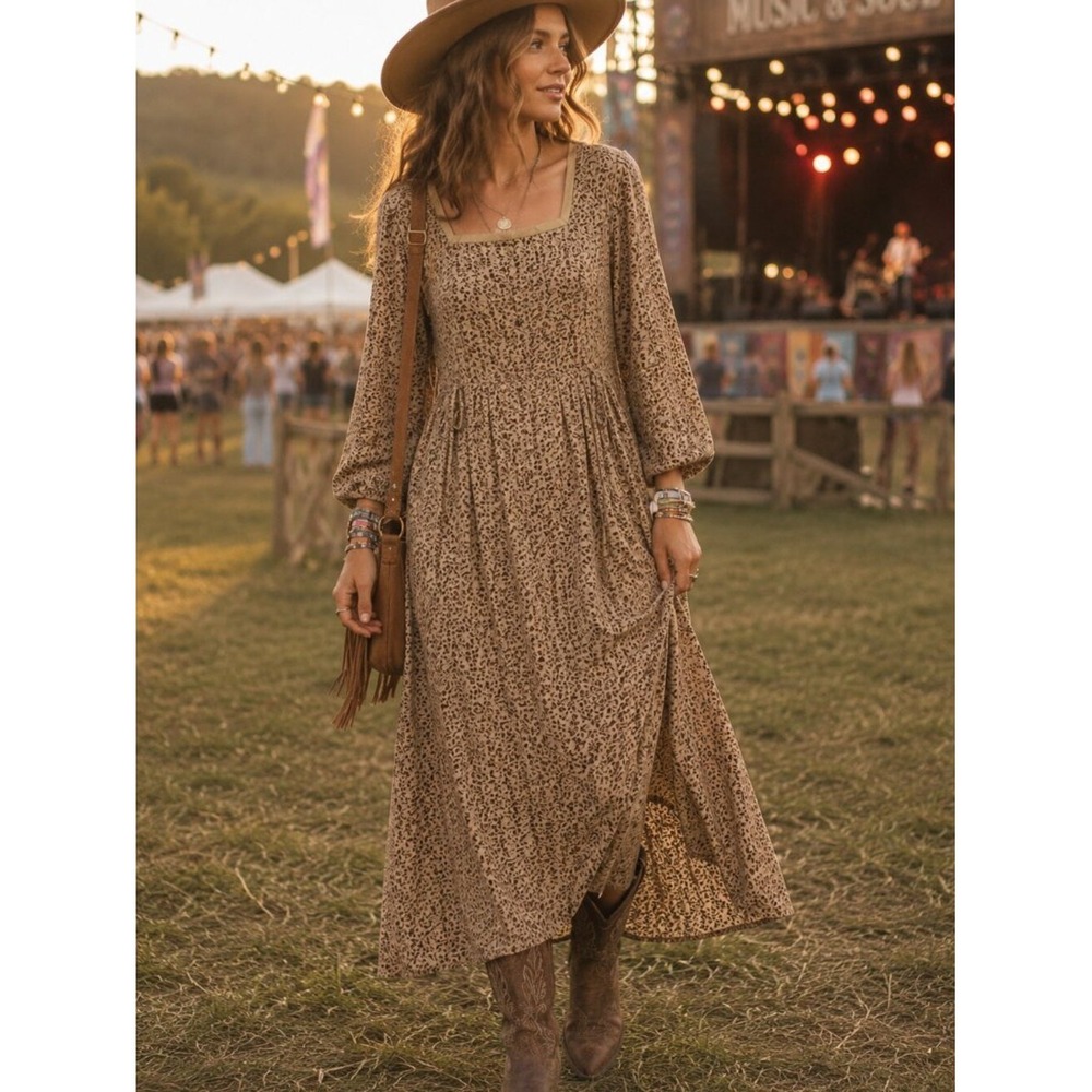Vintage April Cornell 90s Acorn Print Rayon Prairie Maxi Dress M 1394